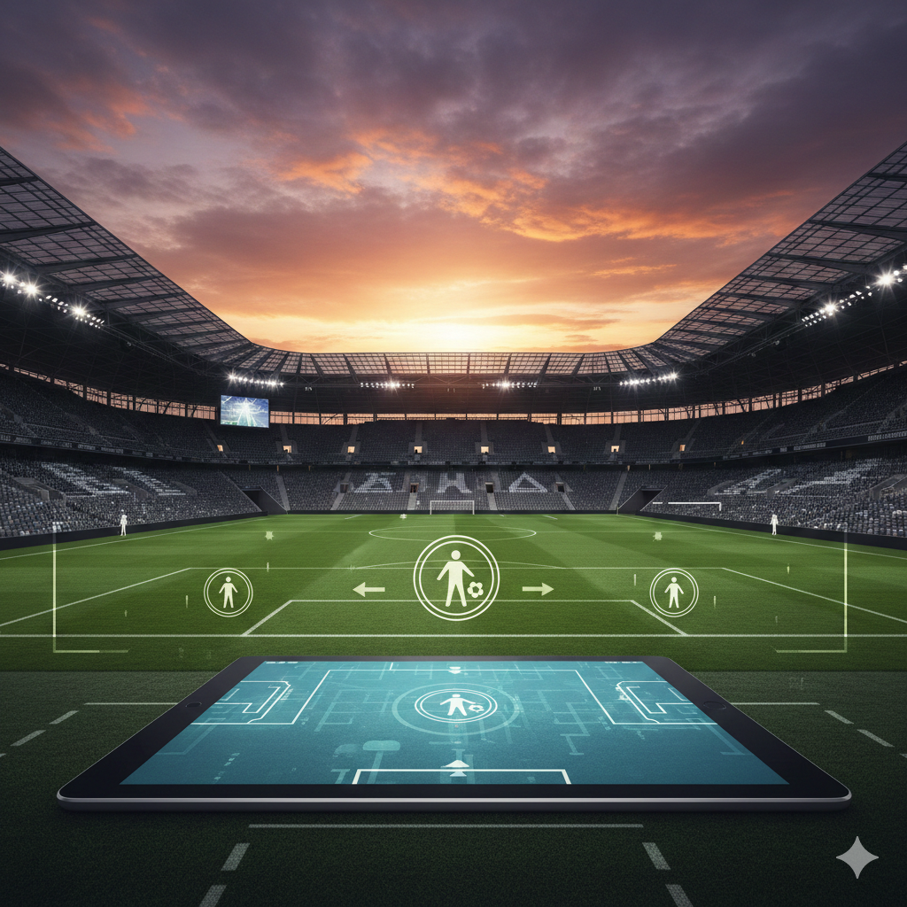 A wide-angle interior view of a modern football stadium (Vitality Stadium style) during sunset, featuring a dramatic orange and purple sky. In the foreground, a digital tactical tablet overlay shows football player icons and strategic arrows, symbolizing match analysis and squad updates. The style is sleek and editorial, using a shallow depth of field to focus on the digital elements while keeping the lush green pitch and stadium architecture visible in the background.