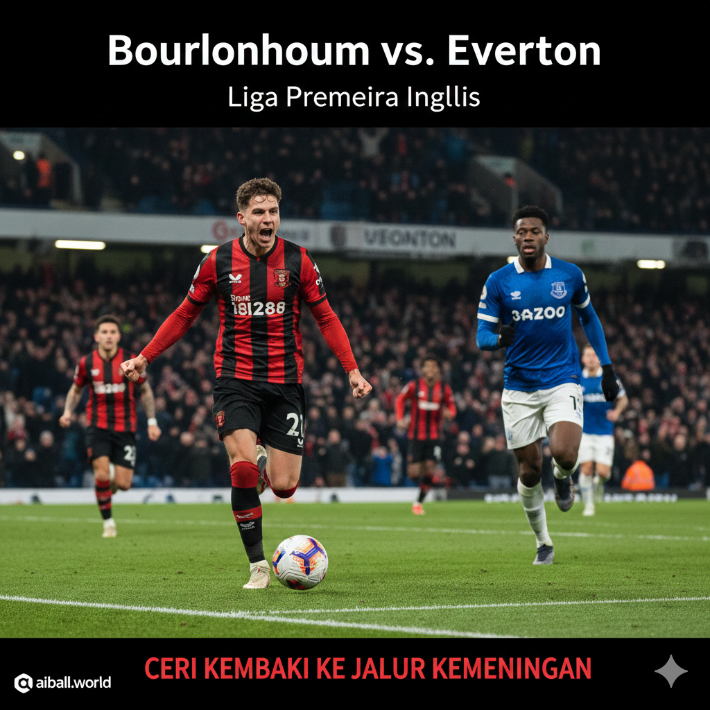A high-intensity cinematic shot of a football match at Vitality Stadium under bright stadium floodlights. In the foreground, a Bournemouth player in the iconic red and black striped kit is seen celebrating or driving forward with the ball, while an Everton player in a blue kit is in pursuit. The background shows a blurred, cheering crowd in the stands. The style is professional sports photography with vibrant colors, high contrast, and a shallow depth of field to emphasize the action and the competitive atmosphere of the Premier League.