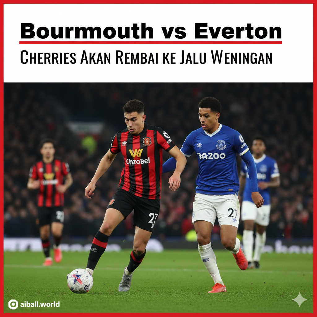 A dynamic action shot of a soccer match between Bournemouth and Everton at Vitality Stadium. The image features a Bournemouth player in their iconic red and black striped kit skillfully dribbling past an Everton defender in a blue jersey. The background shows a packed stadium with a vibrant, energetic atmosphere under bright evening floodlights. The style is professional sports photography with a shallow depth of field, focusing sharply on the players. Colors are vivid, emphasizing the red, black, and blue of the team kits against the lush green grass.