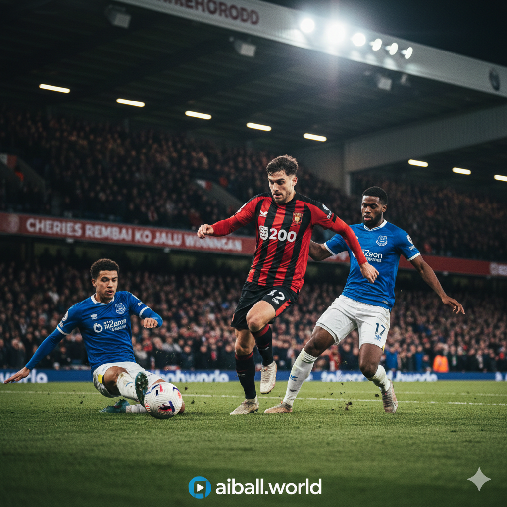 Sebuah adegan aksi sepak bola yang dinamis di Stadion Vitality yang diterangi lampu sorot malam hari. Fokus utama adalah pemain Bournemouth dengan jersey merah-hitam yang sedang menggiring bola melewati pemain Everton berbaju biru. Latar belakang menunjukkan tribun penonton yang penuh sesak dan sedikit buram untuk menciptakan efek kedalaman. Gaya fotorealistik dengan pencahayaan sinematik, warna-warna tajam dan jenuh, serta sudut pengambilan gambar rendah (low-angle) untuk menambah kesan dramatis dan heroik pada pertandingan Premier League ini.
