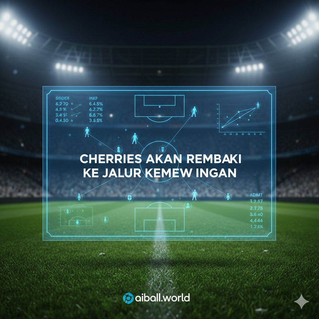 Visualisasi strategi sepak bola yang artistik, menampilkan papan taktik digital yang melayang di atas rumput stadion hijau yang segar. Terdapat grafik statistik permainan, ikon pemain, dan garis pergerakan formasi yang bersinar terang. Palet warna didominasi oleh biru teknologi dan hijau rumput. Komposisi terpusat dengan efek bokeh pada latar belakang stadion yang megah, mencerminkan analisis mendalam tentang statistik kunci dan berita tim yang dibahas dalam artikel aiball.world.