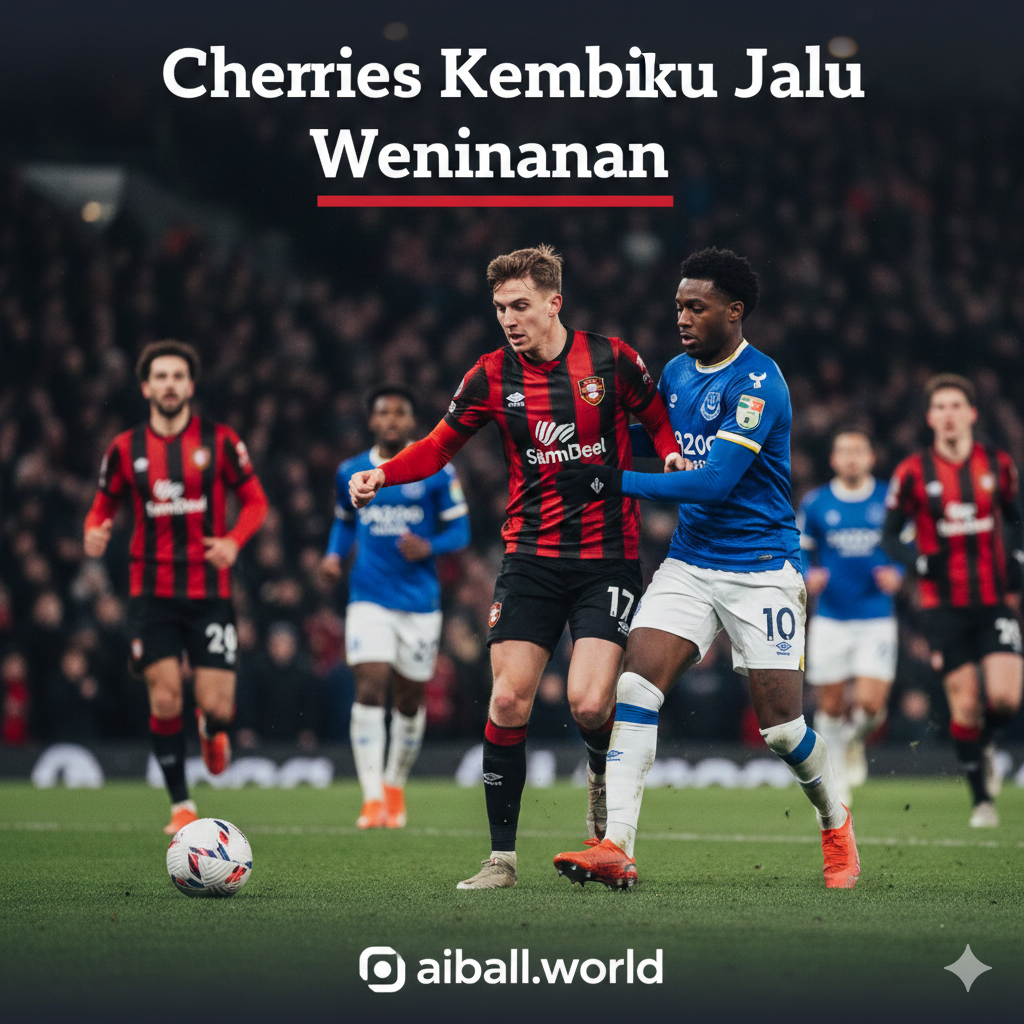 Sebuah foto aksi sepak bola profesional yang dramatis di Stadion Vitality pada malam hari di bawah sorotan lampu stadion yang terang. Gambar menampilkan pemain Bournemouth dengan seragam garis-garis merah-hitam ikonik sedang merayakan gol atau berebut bola dengan pemain Everton yang mengenakan seragam biru. Atmosfer stadion terasa hidup dengan latar belakang tribun penonton yang sedikit blur. Gaya visualnya realistis, tajam, dengan saturasi warna yang dinamis untuk menonjolkan intensitas kompetisi Premier League.