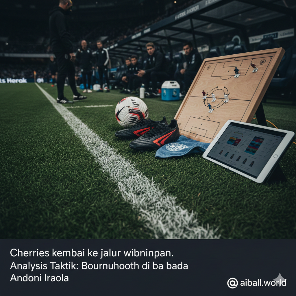 Gambar bergaya sinematik yang menunjukkan detail papan taktik atau area teknis lapangan sepak bola. Fokus pada sepatu bola dan bola di atas rumput hijau yang dipangkas rapi dengan pola garis-garis profesional. Pencahayaan temaram memberikan kesan serius dan strategis, melambangkan analisis mendalam tentang strategi Bournemouth asuhan Andoni Iraola untuk mengatasi krisis pemain akibat cedera dan kartu merah. Sudut pandang rendah (low-angle shot) untuk memberikan kesan megah dan profesional sesuai dengan brand aiball.world.