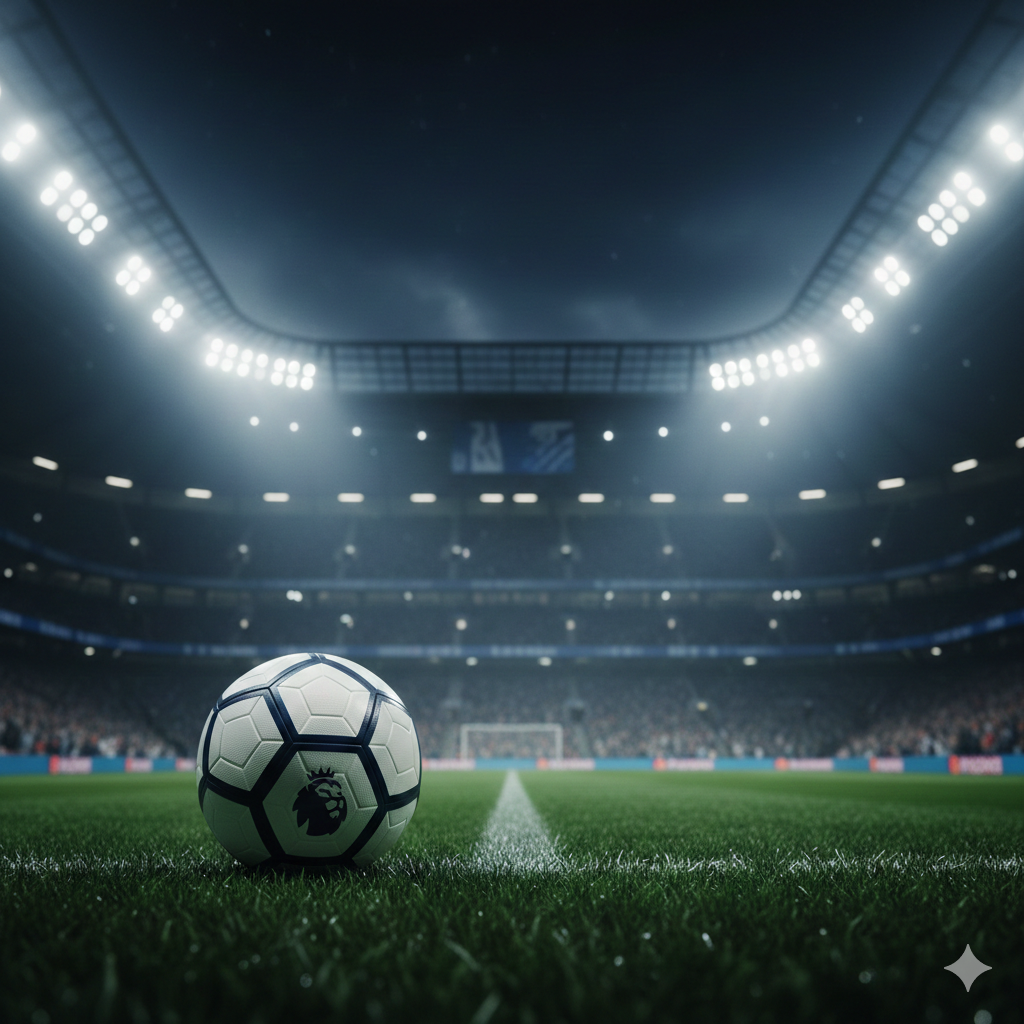 A high-energy cinematic wide shot of a modern Premier League stadium under bright floodlights at night. The foreground features a professional football with the iconic Premier League logo on a lush green grass pitch with morning dew. In the background, blurred silhouettes of passionate fans are cheering under a hazy atmosphere.