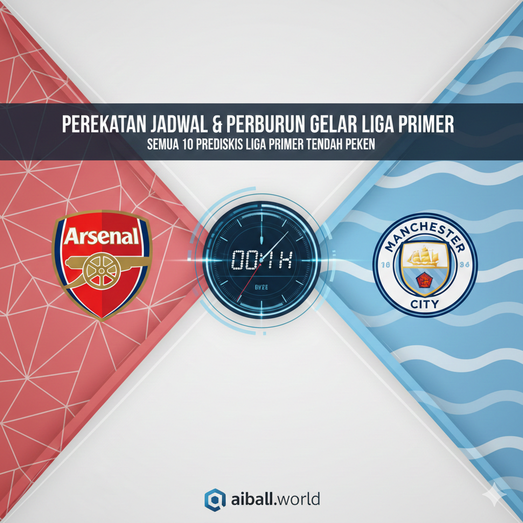 A conceptual split-screen or collage style visual representing the intense title race between Arsenal and Manchester City. On one side, subtle red and white geometric patterns symbolize Arsenal's crest, and on the other, sky blue and white waves represent Manchester City.