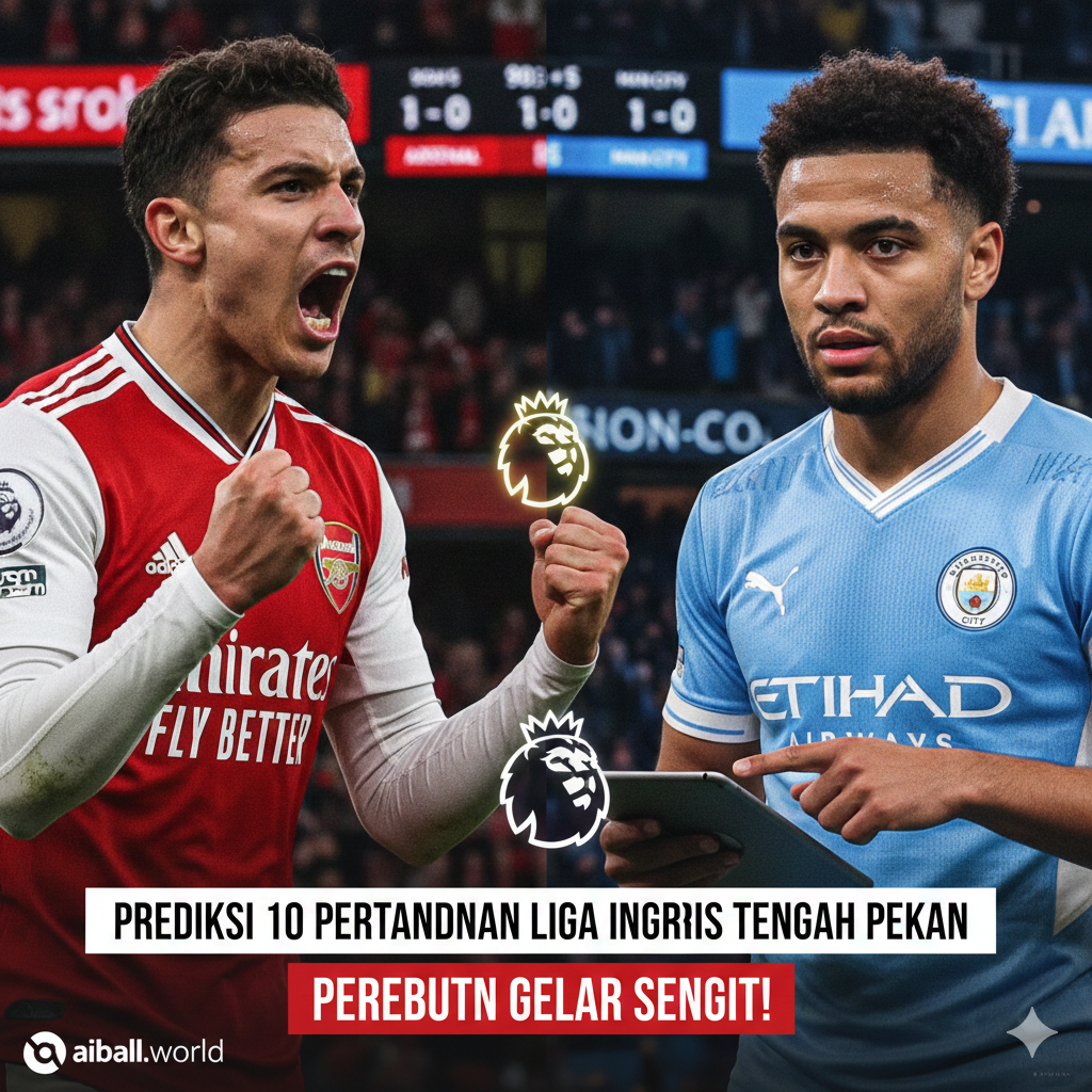 A conceptual split-screen or collage visual representing the intense title race between major clubs like Arsenal and Manchester City. On one side, a focused player in a red and white kit is celebrating, and on the other, a player in sky blue is strategizing. The background shows a digital scoreboard and a blurred crowd. The style is hyper-realistic with sharp focus on the players' expressions, capturing the tension of the points gap. The lighting is dramatic, emphasizing the 'fire and ice' contrast between the teams competing for the top spot in the league table.