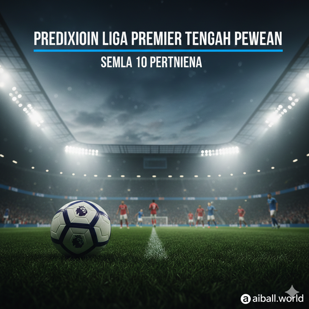 A high-energy cinematic wide shot of a modern English football stadium at night under bright floodlights. The atmosphere is thick with mist and excitement. In the foreground, a professional football with the iconic Premier League design sits on the lush green grass. In the blurred background, silhouettes of players in red and blue kits are seen competing. The color palette features deep stadium greens, vibrant artificial white lights, and a hint of cinematic blue hour sky. The composition uses a low-angle perspective to emphasize the grandeur of the matchday, capturing the intense 'midweek madness' theme.