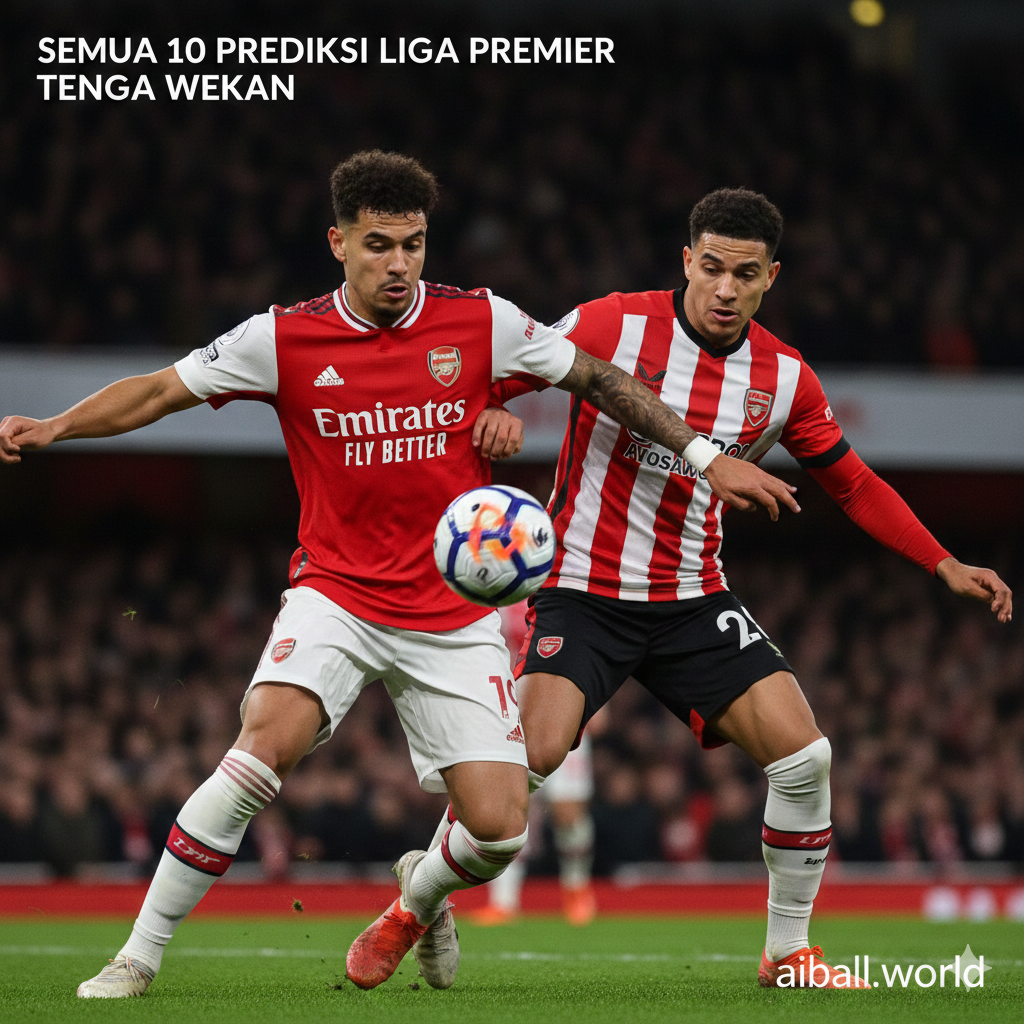 A dynamic close-up action shot focusing on the tactical battle between a player in an Arsenal red-and-white home kit and a player in a Brentford red-and-white striped kit. The focus is sharp on the players' intense facial expressions and the motion of the ball. The background shows a packed, roaring stadium crowd in a soft bokeh effect. The lighting is dramatic, highlighting the sweat and texture of the jerseys. The composition follows the rule of thirds, with the movement directed across the frame to symbolize the high stakes of the title race and the 'boom or bust' nature of the underdog.
