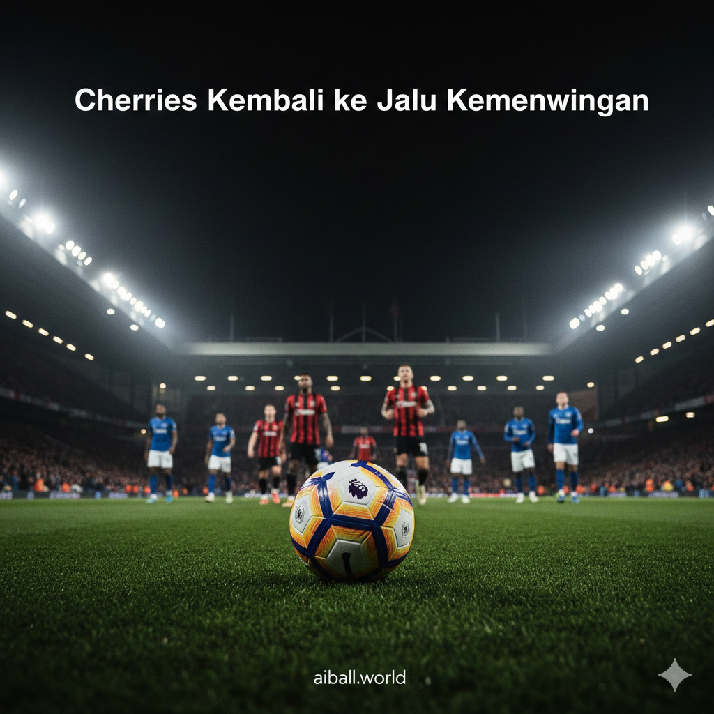 A high-energy cinematic wide shot of Bournemouth's Vitality Stadium at night under bright floodlights. In the foreground, a prominent soccer ball with the Premier League logo sits on the lush green grass. The background shows blurred silhouettes of players in red and black striped jerseys (Bournemouth) and blue jerseys (Everton) preparing for a match.