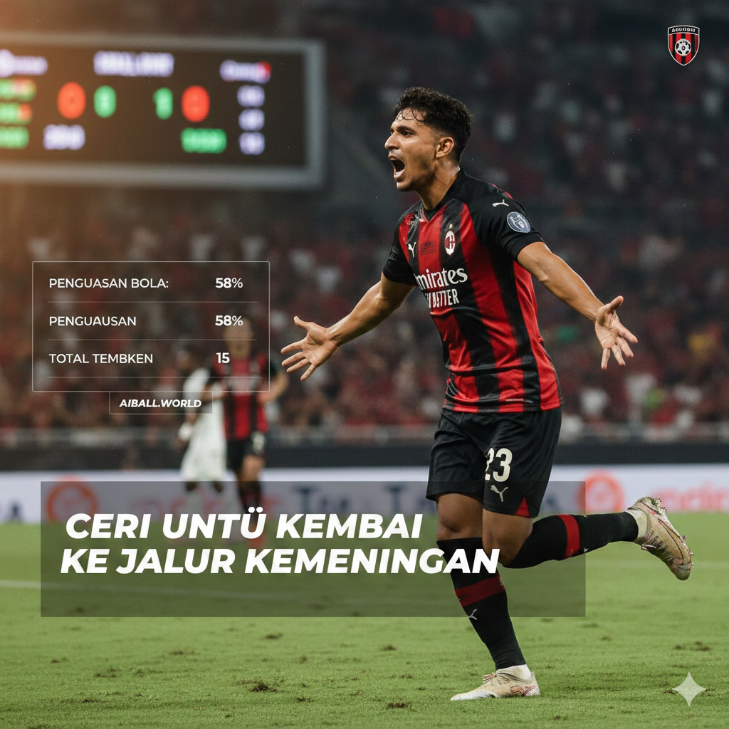 A dynamic close-up action shot of a soccer player in a red and black kit celebrating a goal, captured in a mid-motion jump with arms outstretched. The lighting is focused and warm, emphasizing the emotion of 'returning to winning ways.'