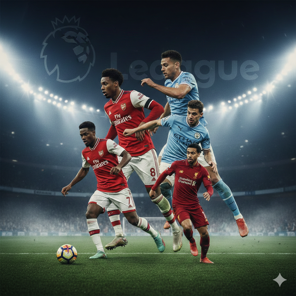 Sebuah komposisi visual sinematik yang menangkap esensi pertandingan sepak bola Liga Inggris di malam hari di bawah lampu stadion yang terang. Gambar ini menampilkan kolase pemain bintang dari klub-klub utama seperti Arsenal, Manchester City, dan Liverpool dalam aksi dinamis di lapangan hijau yang berkabut. Palet warna didominasi oleh warna biru tua malam hari, emas yang elegan, và sorotan lampu stadion yang dramatis. Komposisinya seimbang dengan teks tipografi modern yang samar bertuliskan 'Premier League' di latar belakang, menciptakan suasana kompetisi kasta tertinggi yang penuh ketegangan dan energi.