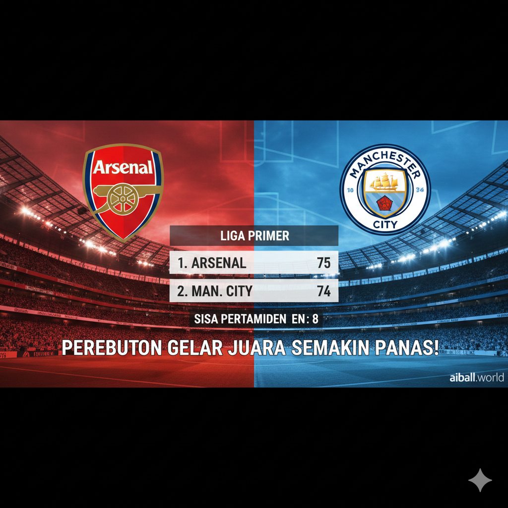 Gambar ini menyoroti persaingan sengit di papan atas klasemen Liga Inggris, menampilkan perbandingan visual antara markas Arsenal, Stadion Emirates, dan gaya taktis Manchester City. Di satu sisi terdapat logo Arsenal dengan latar belakang merah menyala, dan di sisi lain logo Manchester City dengan latar belakang biru langit yang tajam. Di tengahnya terdapat grafik klasemen sementara yang menunjukkan selisih poin yang tipis. Gaya visualnya menggunakan desain hibrida antara fotografi realistis dan elemen desain grafis olahraga modern, dengan pencahayaan high-contrast yang menekankan drama perebutan gelar juara.