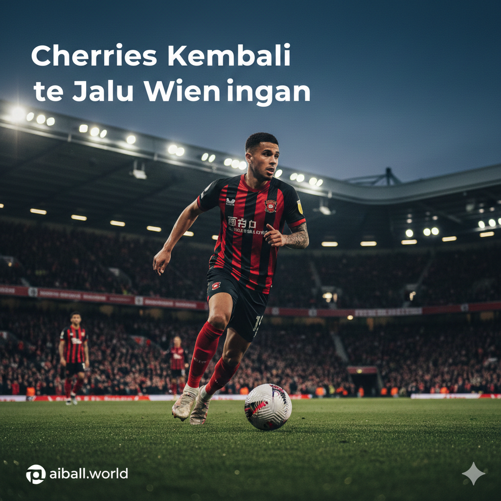 A high-intensity cinematic shot of a football match at Vitality Stadium during twilight. In the foreground, a player in Bournemouth's iconic red and black striped kit is seen from a dynamic low angle, sprinting with a football. In the blurred background, the stadium lights are glowing against a deep blue evening sky, with fans in the stands creating a vibrant atmosphere. The style is hyper-realistic sports photography with high contrast, vivid colors, and a sense of motion blur to emphasize the 'return to winning ways' theme.