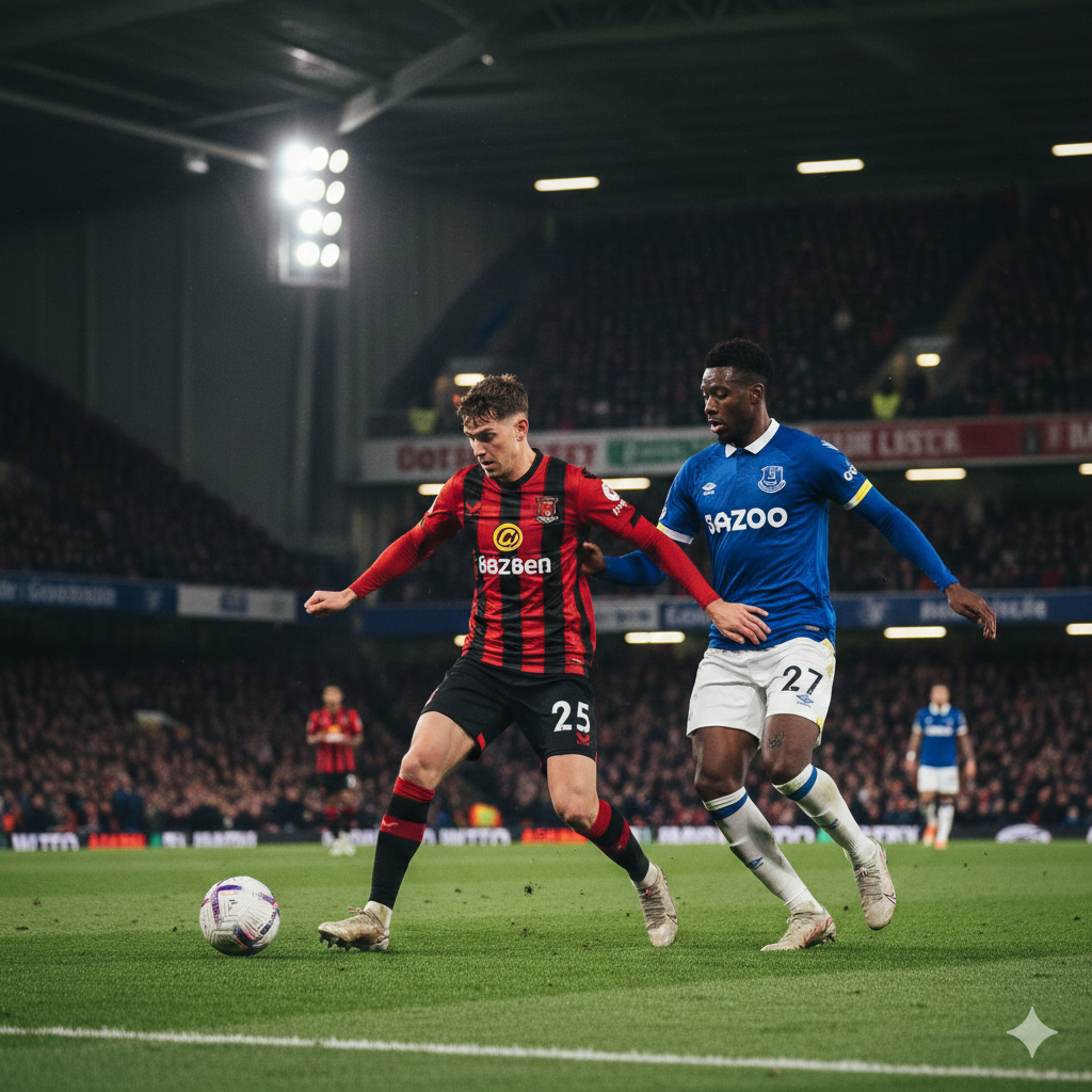 A wide-angle tactical view of a football pitch showing the confrontation between Bournemouth and Everton. The composition focuses on a duel between a Bournemouth attacker and an Everton defender in their blue kit near the penalty area. The lighting is bright stadium floodlights reflecting off the lush green grass. The atmosphere is tense and competitive, featuring realistic details like grass turf flying up and sharp facial expressions. The color palette balances the red-black of Bournemouth and the royal blue of Everton, following a professional sports broadcast aesthetic.