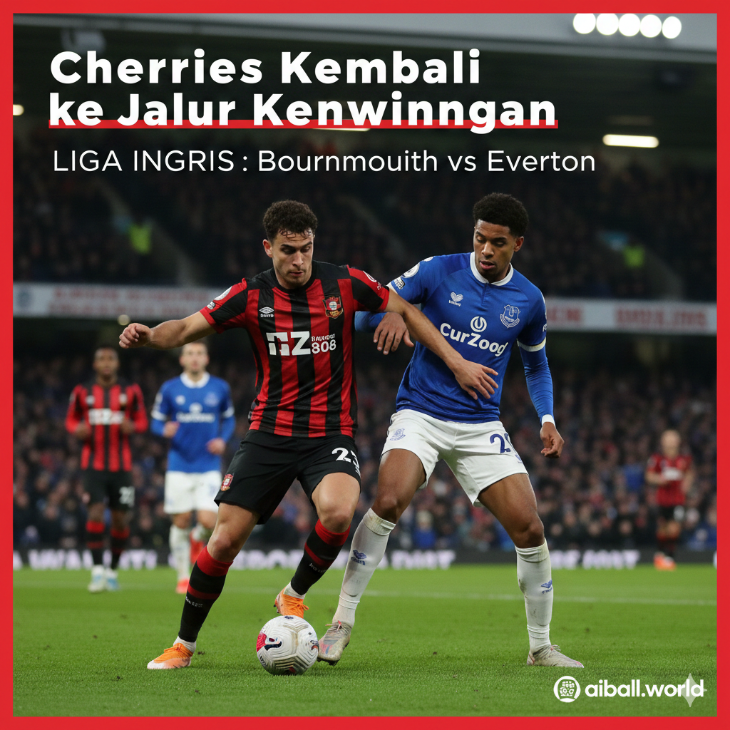 A dynamic shot of a Bournemouth player in their iconic red and black striped kit competing for the ball against an Everton player in a blue jersey. The setting is the Vitality Stadium at dusk under bright stadium floodlights. The style is professional sports photography with a shallow depth of field, focusing on the intense expressions of the players. The atmosphere is energetic and competitive, featuring high contrast and vibrant colors that highlight the grass and the team kits.