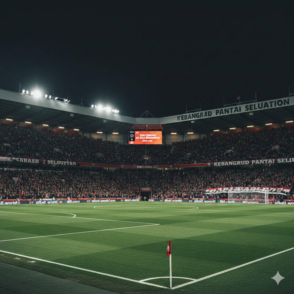 An wide-angle atmospheric view of the Vitality Stadium (Dean Court) during a match night. The stadium is filled with fans, showing the vibrant home crowd of Bournemouth. The composition includes the green pitch in the foreground and the glowing scoreboard showing the match details. The lighting is cinematic with a mix of cool night tones and warm stadium lights. The style is a high-resolution wide shot capturing the essence of the South Coast football culture and the home-field advantage mentioned in the text.