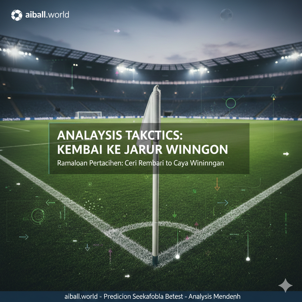 A close-up, high-angle view of a professional football pitch showing tactical elements. The image features a pristine green grass surface with white chalk lines and a corner flag in the foreground. In the background, out-of-focus stadium lights glow against a dusk sky. Superimposed subtly are digital graphical elements like glowing player heat maps and arrow indicators representing tactical movement. The color palette is dominated by deep greens and cool stadium blues, creating a professional, data-driven analytical feel suitable for a match preview article.