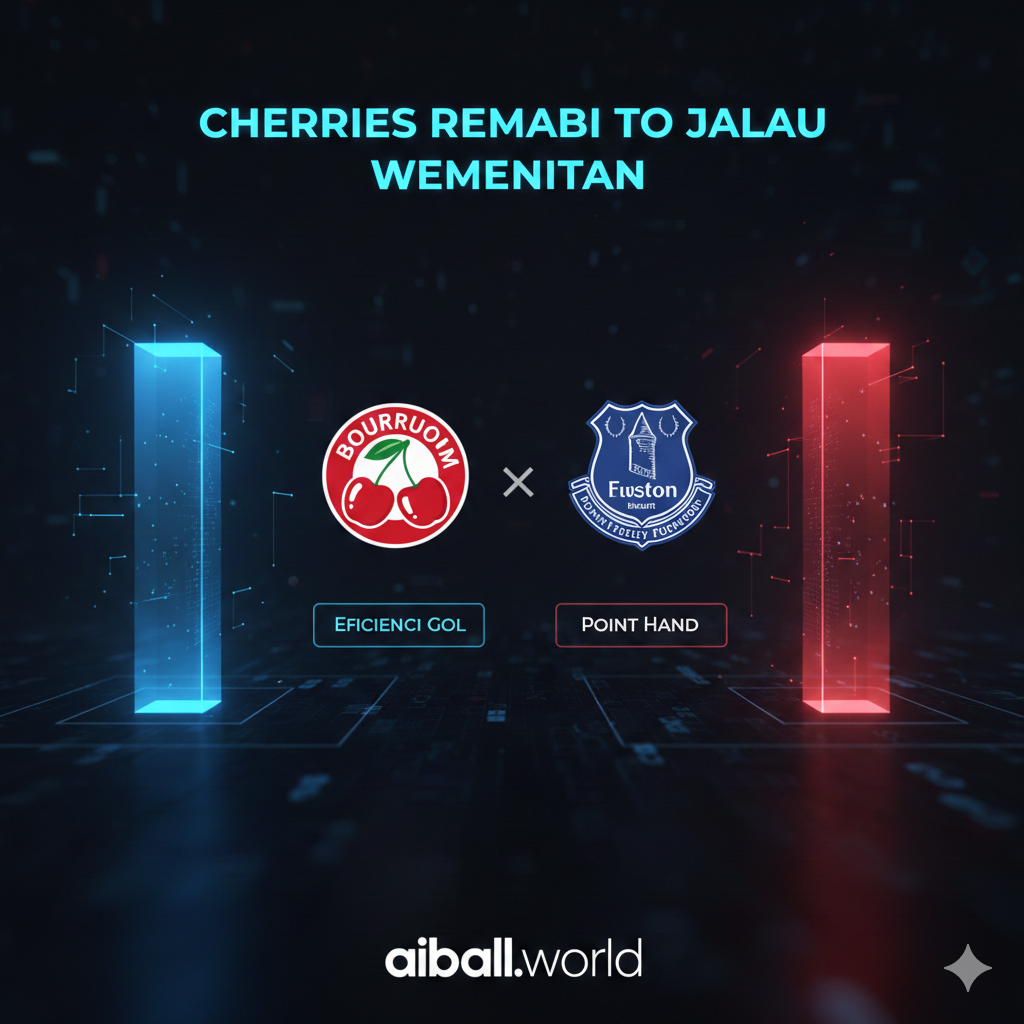 Hình ảnh đồ họa thông tin (infographic) 3D hiện đại hiển thị các biểu đồ thống kê bóng đá. Hình ảnh bao gồm biểu tượng logo cách điệu của Bournemouth và Everton đặt đối xứng hai bên. Giữa hình là các cột thông số như hiệu suất ghi bàn và điểm số sân nhà được hiển thị bằng hiệu ứng hologram phát sáng màu xanh và đỏ trên nền tối kỹ thuật số. Phong cách thiết kế công nghệ cao, tinh tế, phù hợp với nền tảng phân tích dữ liệu thể thao aiball.world.