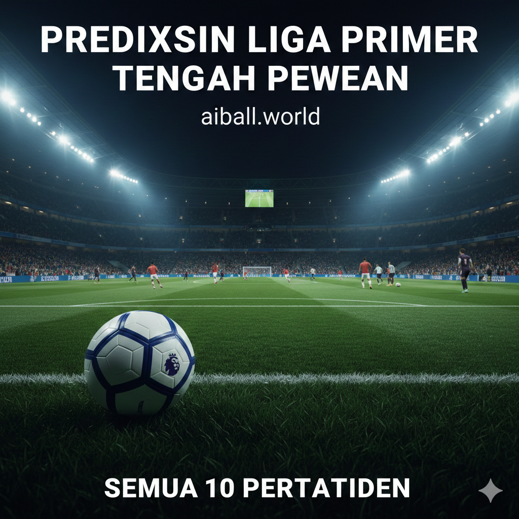 A dynamic high-angle shot of a modern English football stadium at night under bright floodlights. The scene captures the intense atmosphere of a Premier League midweek match with a lush green pitch and blurred players in action. In the foreground, a professional soccer ball sits on the grass with the iconic Premier League logo visible. The lighting is cinematic with deep blues and vibrant greens, creating a sense of excitement and elite competition. Fans in the stands are a colorful blur, adding to the energetic environment.