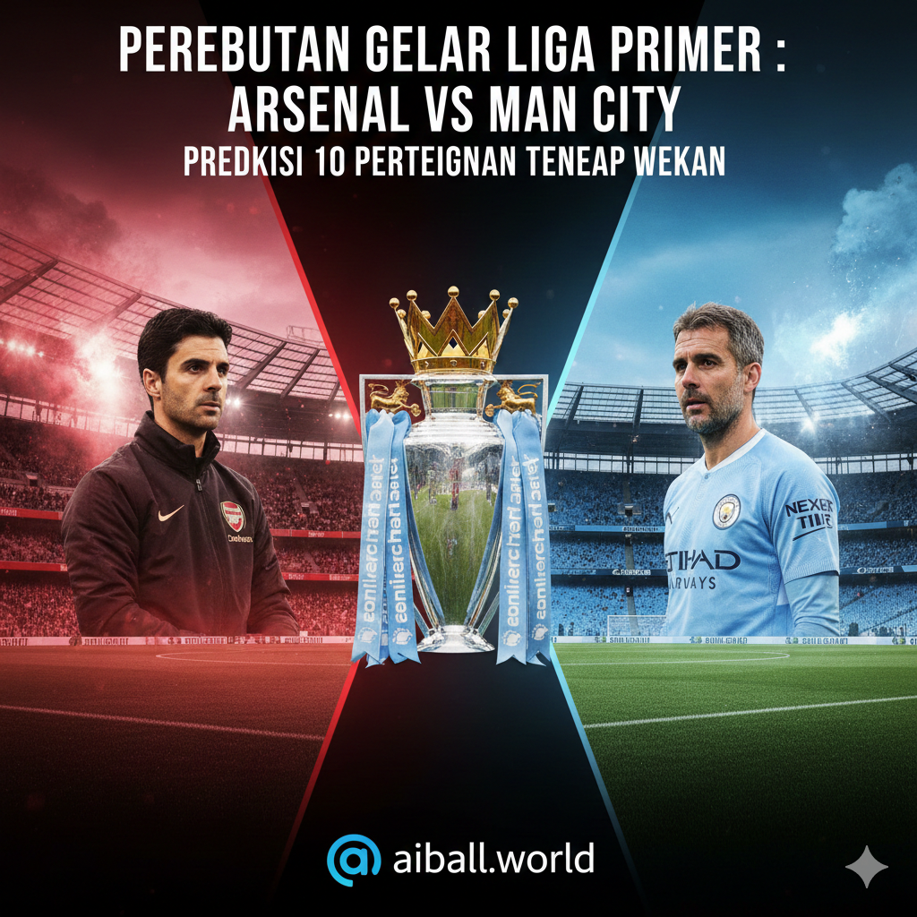 A split-screen style conceptual graphic comparing the title race between Arsenal and Manchester City. On one side, a stylized representation of the Emirates Stadium with red and white flares and a focused coach figure resembling Mikel Arteta. On the other side, the Etihad Stadium with sky blue themes and a clinical, high-tech football aesthetic. Between them, a glowing Premier League trophy stands as the ultimate prize. The style is modern sports broadcast graphics, using bold typography and high-contrast lighting to emphasize the intensity of the competition.
