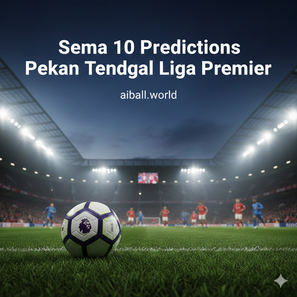 A dynamic wide-angle shot of a modern Premier League stadium at night under bright floodlights. In the foreground, a professional football rests on the lush green grass with the Premier League logo visible. In the background, the blurred silhouettes of players in red and blue kits are competing. The sky is a deep twilight navy, and the stadium atmosphere is electric with a misty, cinematic glow. The colors are vibrant with high contrast, emphasizing the prestige and intensity of top-tier English football.