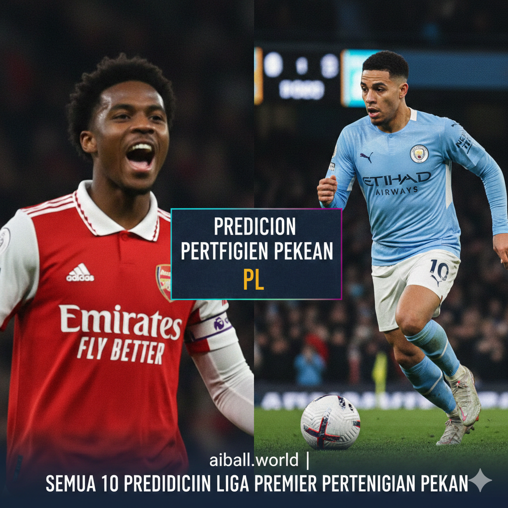 A high-action close-up split composition featuring elements of the title race leaders. On one side, a blurred figure in Arsenal's iconic red and white kit celebrating, and on the other, a Manchester City player in sky blue sprinting with the ball. Between them, a glowing scoreboard graphic subtly displays 'PL Midweek Predictions'. The style is sporty and editorial, using a shallow depth of field, sharp textures of the jersey fabric, and intense lighting to highlight the competitive nature of the midweek fixtures.