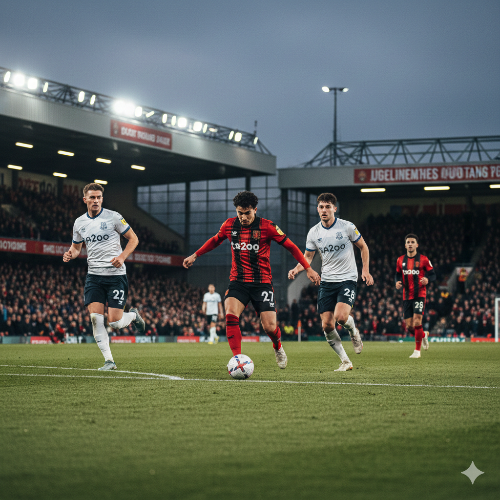 A high-energy cinematic wide shot of a modern Premier League stadium under bright floodlights at night. In the foreground, a collage features blurred action silhouettes of players from Arsenal, Man City, and Liverpool in their iconic home kits. The grass is lush green with clear white pitch lines. The sky is a dark twilight blue with a subtle mist. The composition is dynamic, using a low-angle perspective to evoke a sense of grandeur and high-stakes competition, with vibrant colors dominated by red, blue, and gold light flares.
