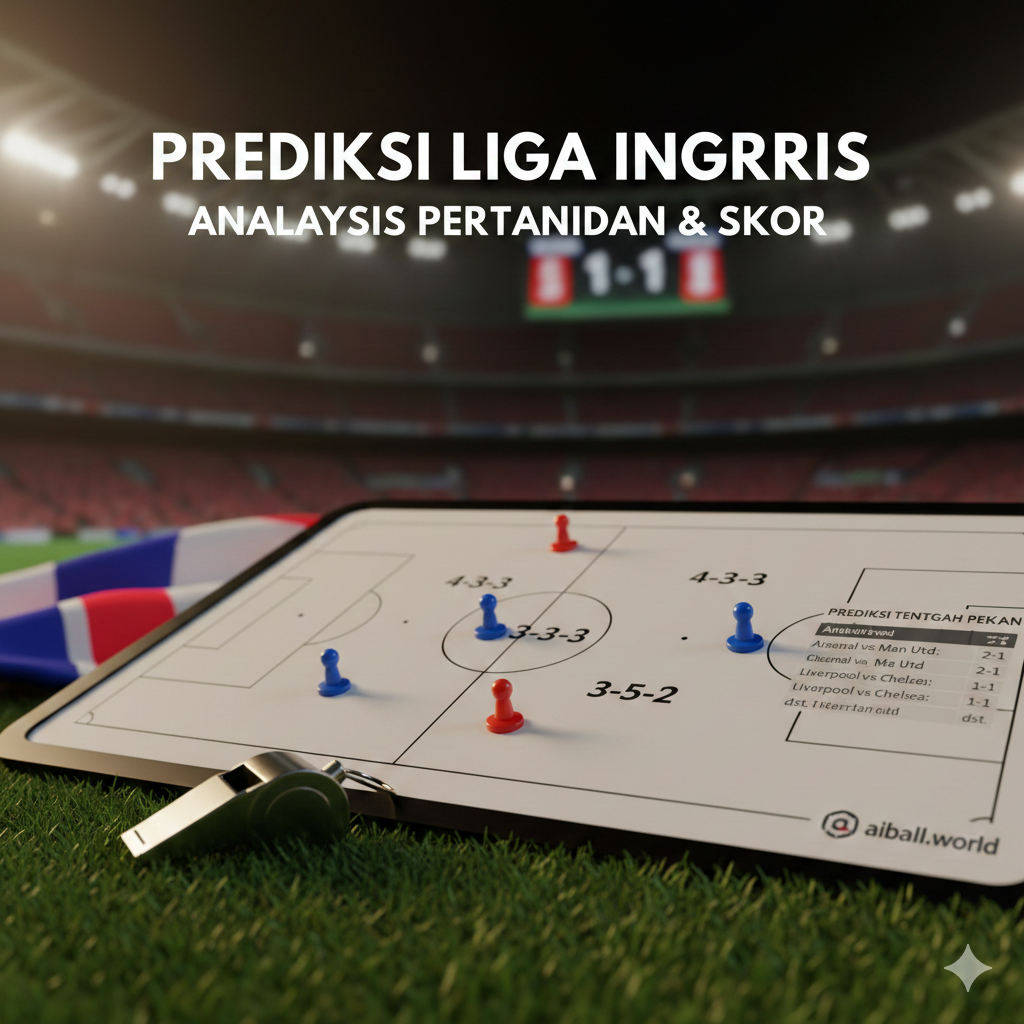 A detailed close-up shot focusing on a tactical football board and a whistle resting on a green turf background. In the blurred background, a professional football stadium's scoreboard displays a 1-1 draw. The lighting is warm and dramatic, highlighting the texture of the turf and the metallic gleam of the whistle. The color palette includes deep greens, sharp whites, and subtle team-colored scarves draped nearby. The composition follows the rule of thirds, creating a professional and analytical feel suitable for match predictions and sports betting context.