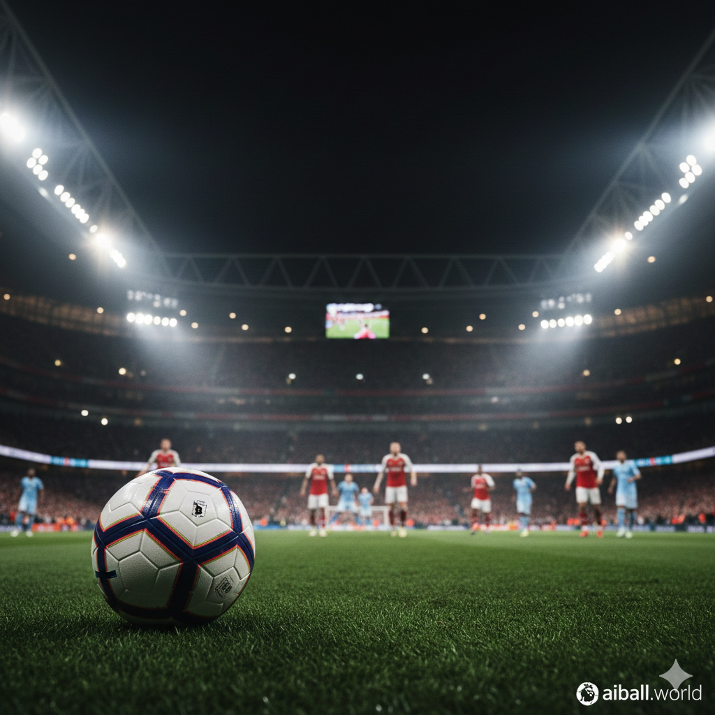 A cinematic high-angle wide shot of a modern Premier League stadium under bright floodlights at night. In the foreground, a professional soccer ball with the official league design sits on the lush green grass. In the blurred background, players in red and blue kits are competing intensely. The atmosphere is electric with a slight mist in the air and vibrant stadium lighting. The color palette features deep stadium greens, bright white light flares, and a sense of high-stakes competition, capturing the essence of Arsenal and Man City's title race.