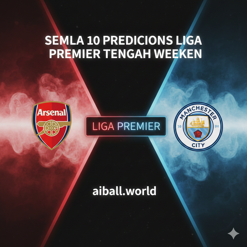 A dynamic sports graphic split-screen composition featuring symbolic representations of Arsenal and Manchester City. On one side, a stylized cannon icon amidst a red and white smoke background; on the other, a golden lion or ship emblem against a sky-blue backdrop. Between them, a glowing digital scoreboard displays 'PREMIER LEAGUE' in bold typography. The style is modern, sleek, and high-contrast, using a blend of photorealistic textures and digital neon elements to highlight the intensity of the midweek fixtures.