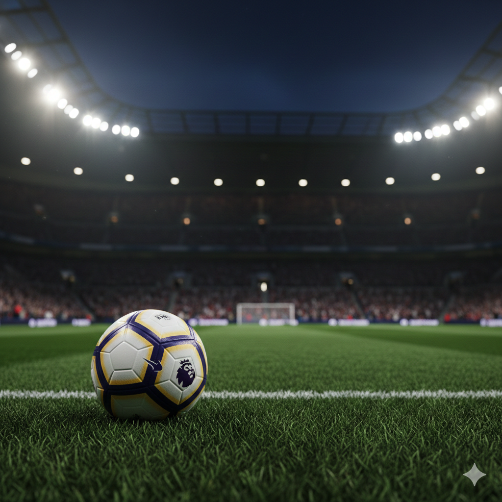 Pemandangan sinematik dari stadion sepak bola modern di Inggris saat malam hari di bawah lampu sorot yang terang. Di latar depan, terdapat bola sepak Premier League yang ikonik terletak di atas rumput hijau yang dipotong sempurna dengan pola garis-garis. Fokus tajam pada bola, sementara latar belakang menampilkan tribun penonton yang penuh sesak dan sedikit buram (bokeh) untuk menciptakan suasana pertandingan besar. Skema warna didominasi oleh hijau lapangan, biru malam, dan cahaya putih keemasan dari lampu stadion, memberikan kesan dramatis dan profesional khas siaran papan atas.