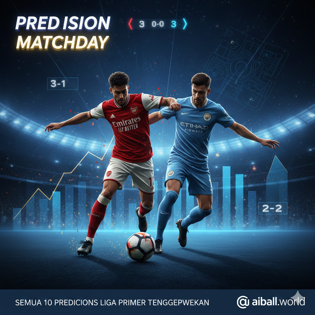 Sebuah ilustrasi aksi sepak bola bergaya dinamis yang menampilkan siluet dua pemain dari tim papan atas Premier League (mewakili Arsenal dan Manchester City) yang sedang berebut bola dengan penuh intensitas. Latar belakangnya menampilkan elemen grafis modern seperti grafik performa, skor pertandingan yang samar, dan peta stadion. Palet warna menggunakan kombinasi biru elektrik, merah, dan emas untuk memberikan nuansa energi dan persaingan ketat. Komposisinya seimbang dengan teks 'PREDIKSI MATCHDAY' yang terlihat elegan di sudut gambar, cocok untuk audiens aiball.world yang mencari analisis mendalam.