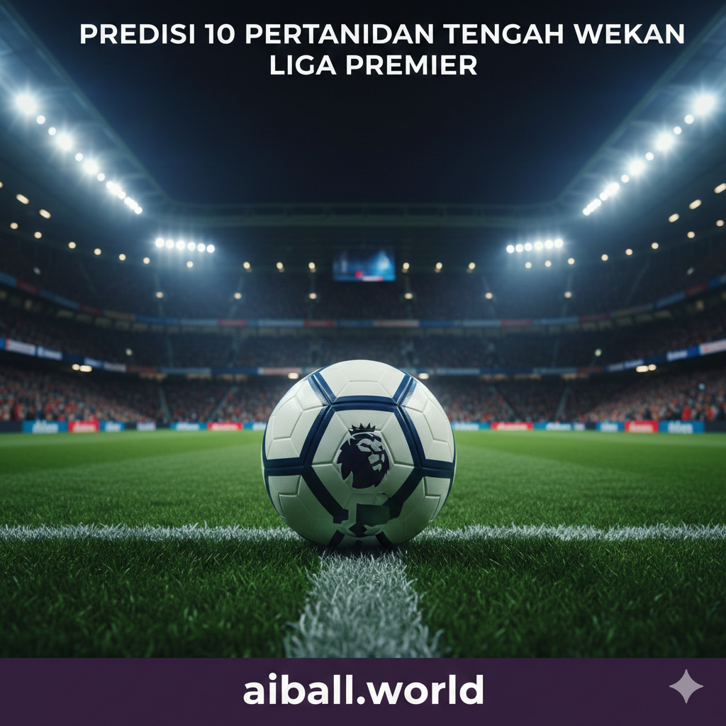 A dynamic wide-angle shot of a modern Premier League stadium at night under bright floodlights. In the center, a high-quality soccer ball with the Premier League logo sits on the lush green grass. The background shows blurred stands filled with fans in various team colors like red, blue, and white, creating an intense atmosphere. The lighting is cinematic with a slight cool blue tint and vibrant green turf. The composition uses leading lines from the pitch markings towards the ball, symbolizing the upcoming midweek clashes.