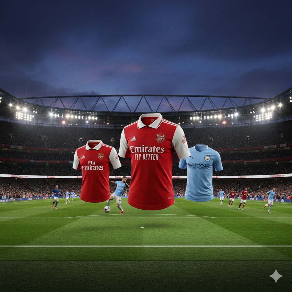 Sebuah komposisi visual dramatis yang menampilkan stadion Liga Inggris yang ikonik di bawah lampu sorot malam hari yang terang. Di latar depan, terdapat representasi artistik dari jersey klub papan atas seperti Arsenal, Manchester City, dan Liverpool yang disusun secara dinamis. Langit malam berwarna biru gelap dan ungu menciptakan kontras dengan cahaya stadion yang keemasan. Gaya gambar bersifat fotorealistik dengan efek bokeh pada penonton di latar belakang, memberikan kesan atmosfer pertandingan tengah minggu yang intens dan bergengsi.