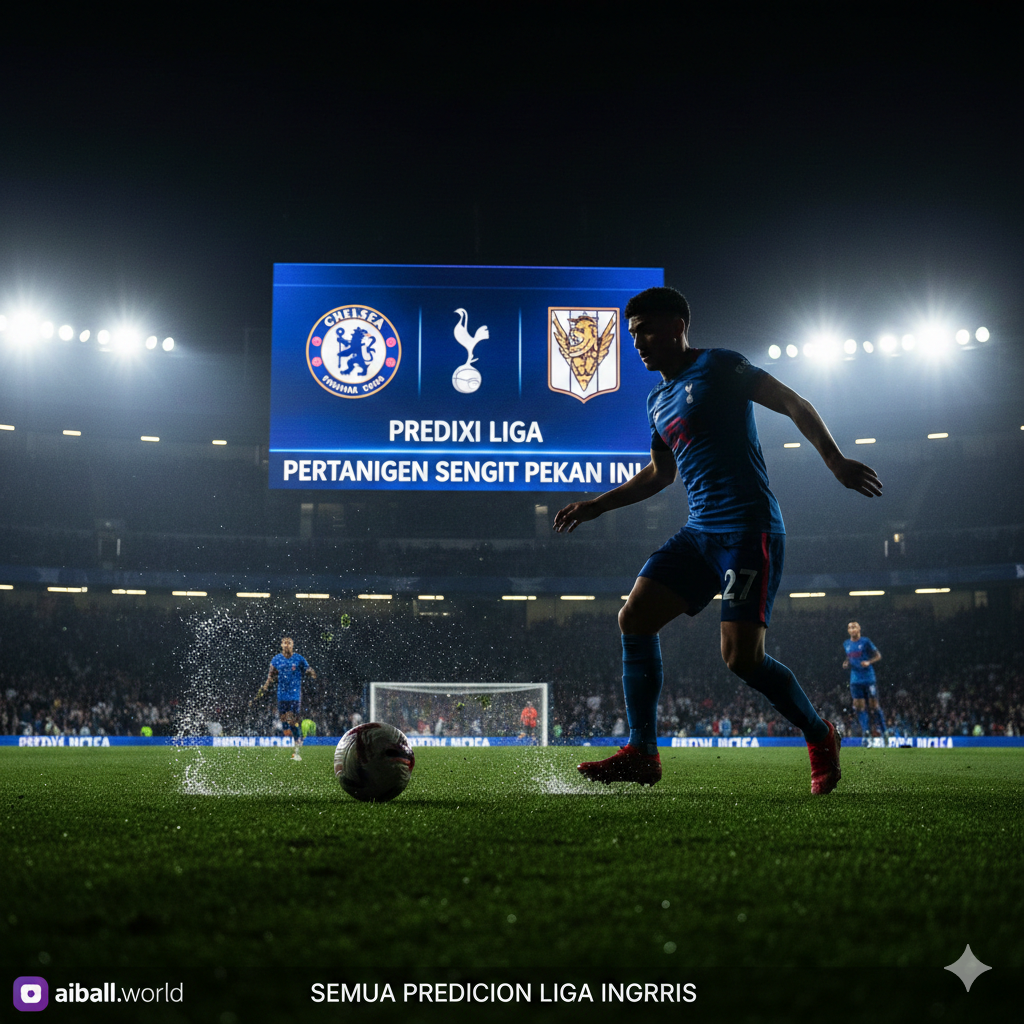 Gambar aksi sepak bola dengan sudut pandang rendah (low-angle) yang menangkap momen intensitas pertandingan. Terlihat siluet pemain yang sedang menggiring bola dengan latar belakang papan skor digital yang menampilkan logo berbagai klub Liga Inggris seperti Chelsea, Tottenham, dan Aston Villa. Palet warna didominasi oleh hijau rumput yang tajam, pencahayaan stadion yang menyilaukan, dan percikan air rumput yang terbang. Komposisinya fokus pada energi dan persaingan ketat di lapangan, mencerminkan perebutan poin penting di papan klasemen.