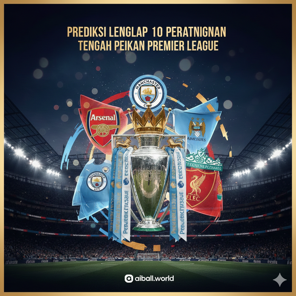 Sebuah gambar sampul sinematik yang menampilkan kolase stadion Liga Inggris yang megah di bawah lampu sorot malam hari. Di bagian tengah terdapat trofi Premier League yang bersinar, dikelilingi oleh elemen grafis abstrak berupa warna klub-klub besar seperti Arsenal, Man City, dan Liverpool. Gaya visualnya modern dan energik dengan efek bokeh dari lampu stadion, menggunakan palet warna biru tua, emas, dan putih untuk memberikan kesan premium dan kompetitif. Komposisi simetris dengan fokus tajam pada detail trofi.