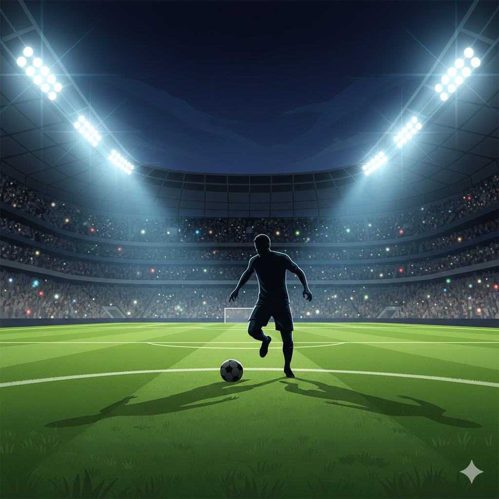 Ilustrasi aksi sepak bola yang dinamis di sebuah stadion modern yang penuh sesak dengan penonton. Fokus pada siluet pemain yang sedang menggiring bola dengan latar belakang tribun yang blur. Pencahayaan dramatis khas pertandingan malam (midweek) dengan bayangan panjang di atas rumput hijau yang mendetail. Warna dominan adalah hijau lapangan yang kontras dengan lampu stadion putih kebiruan. Atmosfernya menangkap ketegangan perebutan poin di papan atas klasemen, sesuai dengan narasi persaingan Arsenal dan Manchester City.