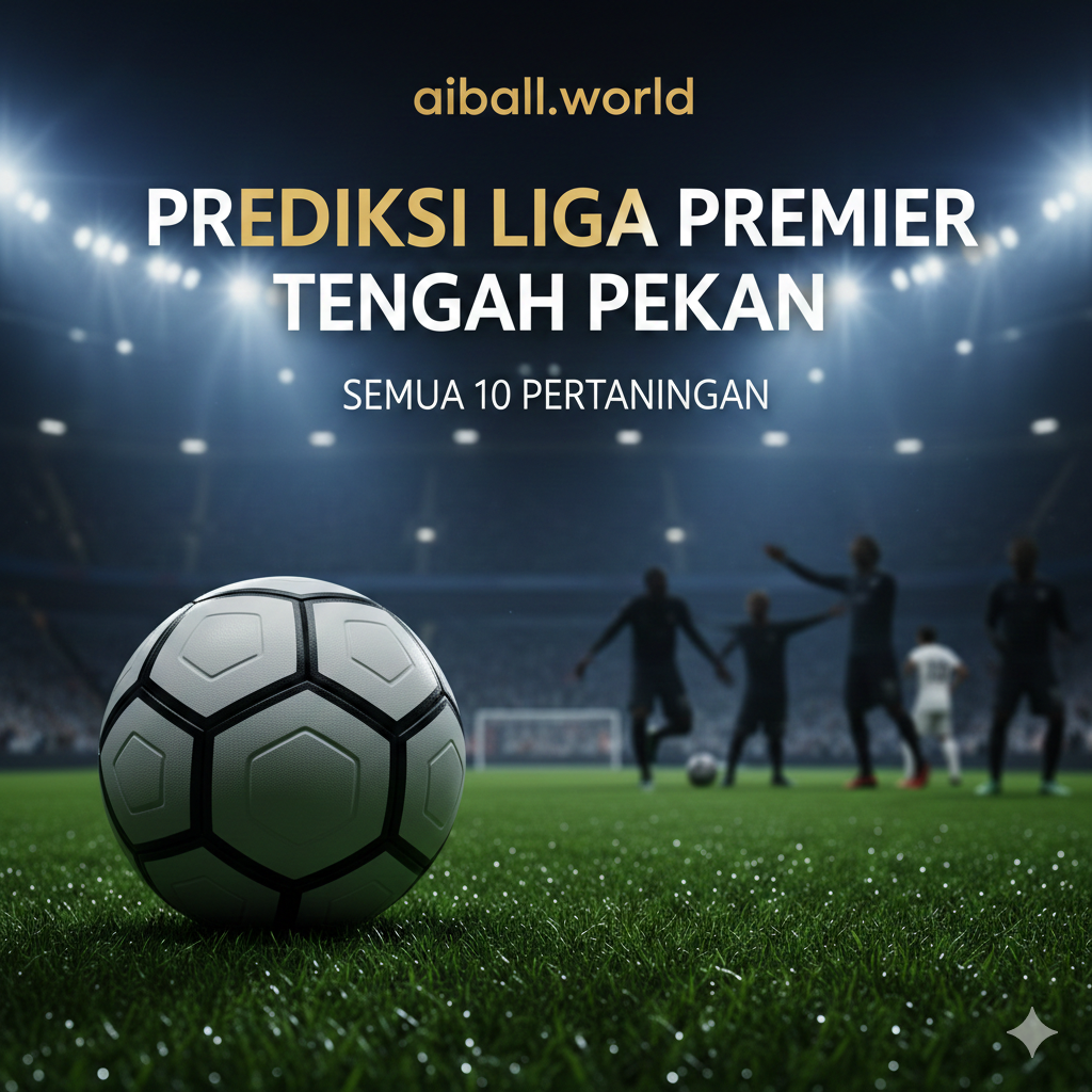 Pemandangan dramatis stadion sepak bola modern di Inggris saat malam hari di bawah lampu sorot yang terang. Di latar depan, sebuah bola sepak profesional Premier League yang modern terletak di atas rumput hijau yang dipotong sempurna dengan embun pagi yang berkilau. Di latar belakang, siluet buram para pemain sepak bola yang merayakan gol dalam suasana penuh energi. Warna dominan adalah biru tua, hijau rumput yang cerah, dan aksen emas untuk memberikan kesan premium. Komposisi menggunakan sudut rendah (low angle) untuk menciptakan kesan megah, cocok untuk situs aiball.world yang berfokus pada analisis data dan prediksi pertandingan.