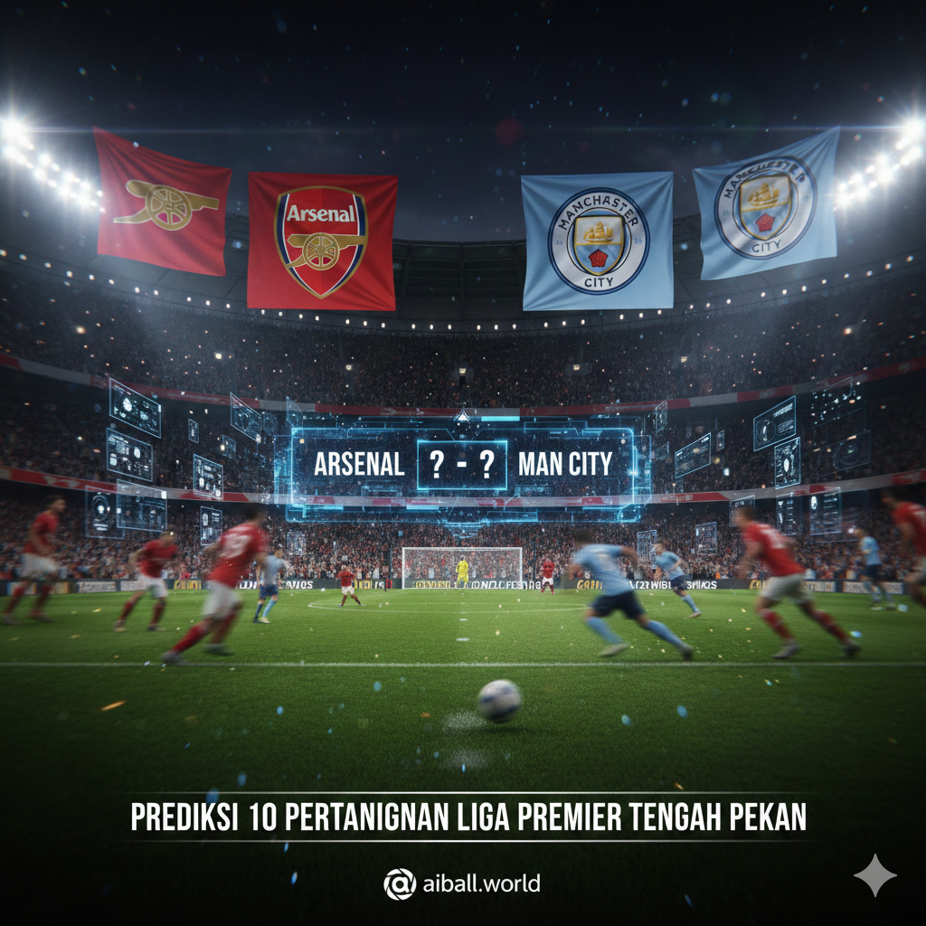 Ilustrasi grafis yang menunjukkan persaingan papan atas Liga Inggris, menampilkan elemen warna merah Arsenal dan biru langit Manchester City. Gambar ini menampilkan papan skor digital abstrak di tengah lapangan, dengan latar belakang tribun penonton yang penuh sesak dan bendera klub yang berkibar. Gaya visualnya sinematik dengan efek motion blur untuk menunjukkan kecepatan permainan. Cahaya stadion menciptakan flare yang dramatis. Fokus utama adalah pada intensitas kompetisi tengah pekan ini, menggabungkan elemen tradisional sepak bola dengan estetika digital modern untuk menarik audiens aiball.world.