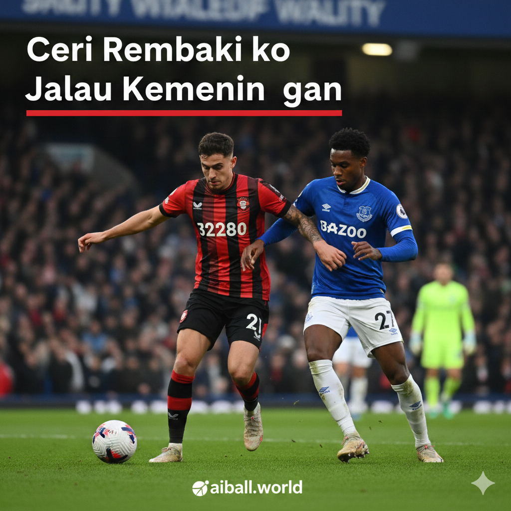 A dynamic high-action shot featuring a Bournemouth striker in their iconic red and black striped jersey competing for the ball against an Everton defender in a classic royal blue kit. The scene is set at a vibrant Vitality Stadium under bright stadium floodlights at dusk. The grass is lush green, with a blurred crowd in the background creating an intense match-day atmosphere. The composition is a close-up action sequence with high contrast, saturated colors, and a sharp focus on the players' determined expressions.