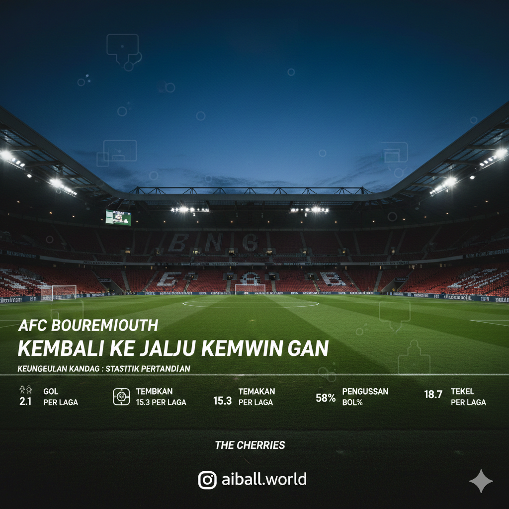 A wide-angle cinematic view of the Vitality Stadium (Dean Court) during a night match, capturing the coastal charm of the South Coast location. The sky is a deep twilight navy. In the foreground, a digital overlay or subtle graphic element shows abstract football tactical icons and goal statistics. The lighting is dramatic, with the stadium glow reflecting off the pitch. The style is professional sports photography with a clean, modern aesthetic, emphasizing the home-ground advantage of Bournemouth.