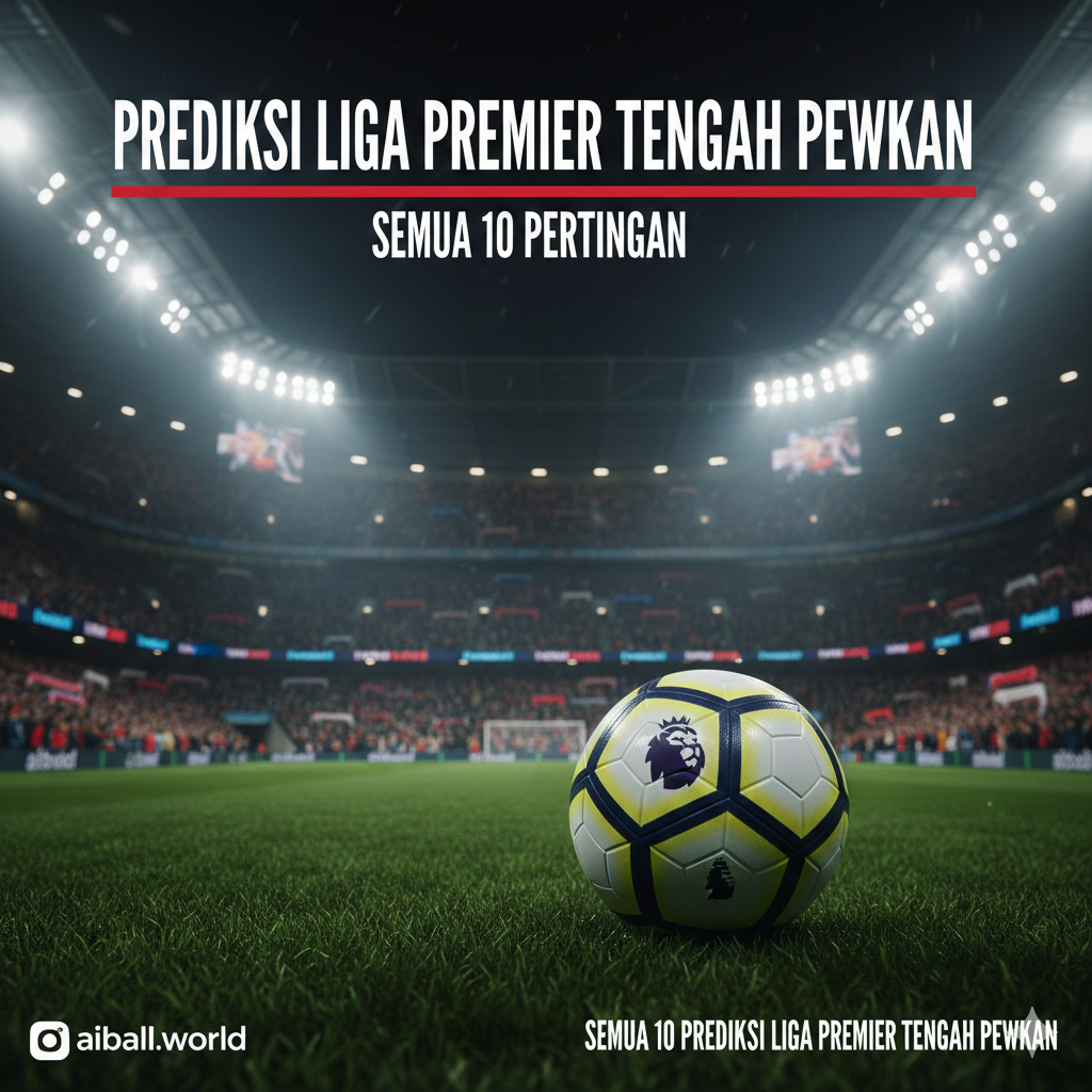 A high-energy cinematic wide shot of a modern Premier League stadium under bright floodlights during a night match. In the foreground, a professional football with the iconic Premier League logo sits on the lush green grass. The background shows a blurred, packed stadium with fans waving various team scarves in red, blue, and white. The atmosphere is intense and electric, with a slight mist under the glowing stadium lights. The color palette is vibrant with deep greens and bright neon stadium glows, captured in a sharp, photorealistic sports photography style.