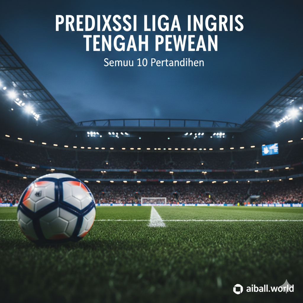 A high-energy cinematic wide shot of a modern Premier League stadium under floodlights at night. The foreground features a blurred professional soccer ball with the official league patterns on a lush green grass pitch. In the background, the packed stands are filled with fans in a mix of team colors (red, blue, and white), creating a vibrant and intense atmosphere. The lighting is dramatic with cool blue stadium lights contrasting with the warm yellow glow from the pitch level. The sky is a deep twilight navy. Professional sports photography style with a shallow depth of field.