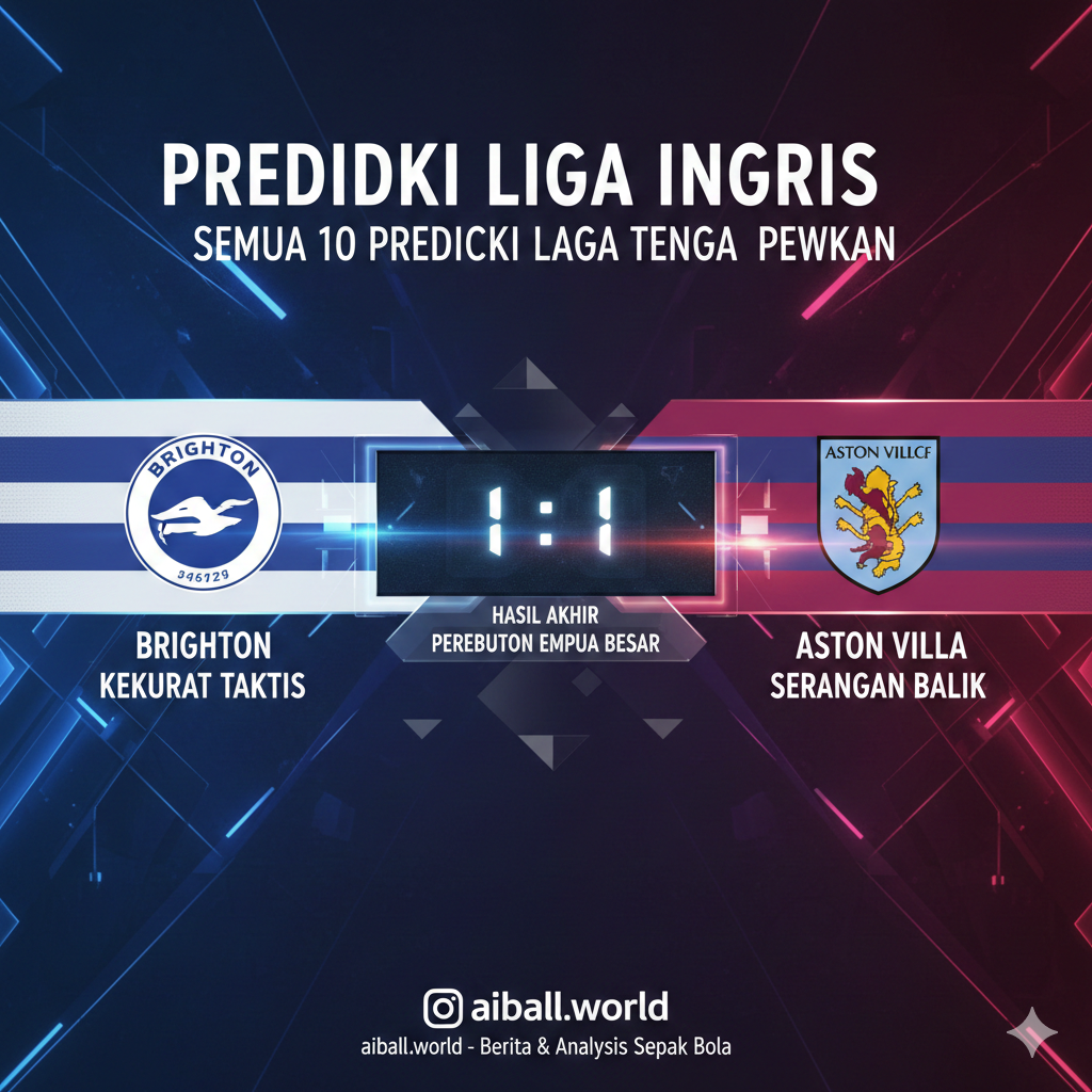 A split-screen or collage-style graphic representing a tactical showdown between two top-tier football teams. On one side, elements of Brighton's blue and white stripes, and on the other, Aston Villa's claret and blue colors. The center features a glowing digital scoreboard showing a 1-1 draw, surrounded by abstract geometric shapes and light streaks that convey speed and competition. The design is sleek and modern, suitable for a sports news website, using high-contrast colors and sharp focus on the team emblems to highlight the battle for the top four positions.