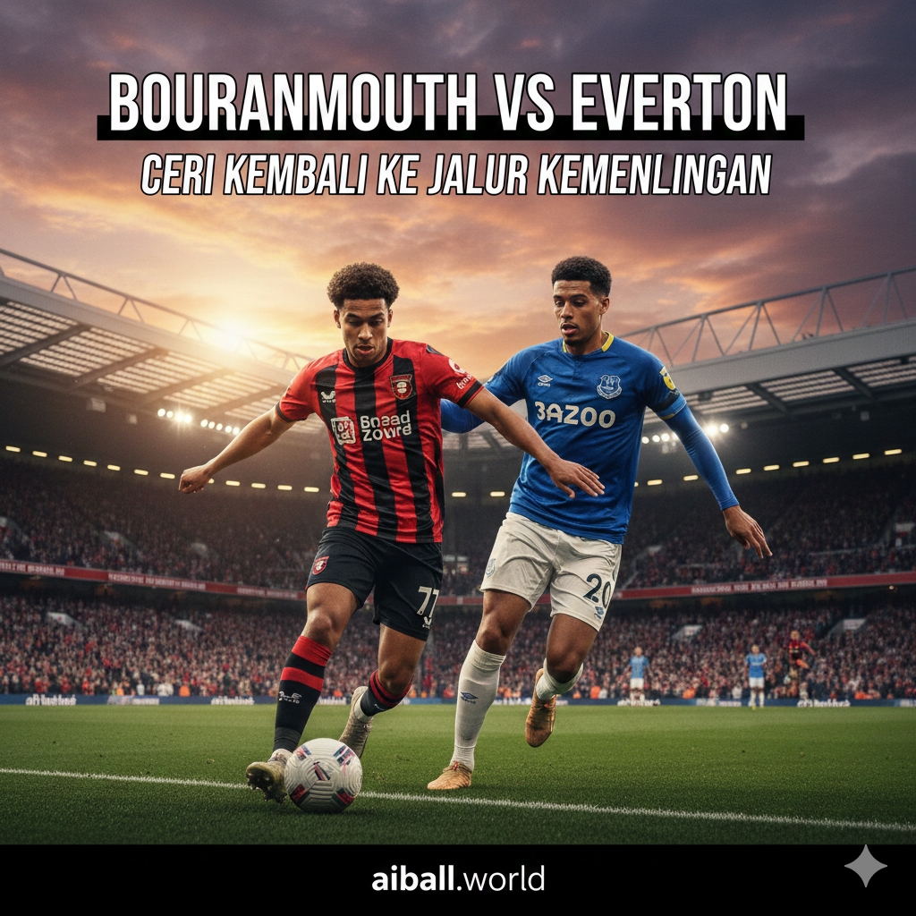 A high-action cinematic shot of a football match at Vitality Stadium during sunset. The image features a Bournemouth player in their iconic red and black striped kit dribbling past an Everton defender in a blue jersey. The background shows a vibrant, packed stadium under a dramatic orange and purple sky. The style is hyper-realistic with a focus on the intensity of the players' expressions, sharp grass textures, and professional sports photography lighting with a slight motion blur to emphasize speed.