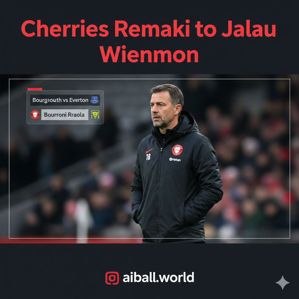 A tactical sports visualization or a focused shot of a manager standing near the touchline. The scene shows Andoni Iraola in a professional coaching jacket, looking contemplative against the backdrop of a blurred football pitch. Overlaid are subtle, clean graphical elements like semi-transparent statistics or a scoreboard showing 'Bournemouth vs Everton'. The color palette is modern and sleek, using dark tones with bright red accents to match the team's branding, capturing the strategic nature of the upcoming clash.