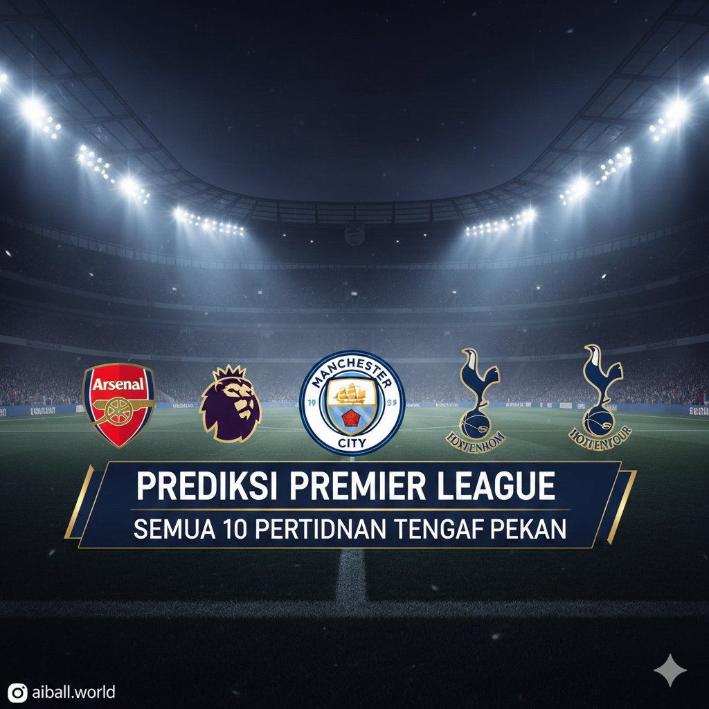 Pemandangan dramatis stadion sepak bola Inggris yang megah di malam hari dengan lampu sorot yang terang benderang. Di latar depan, terdapat grafis tipografi bergaya modern bertuliskan 'Premier League Predictions' yang dikelilingi oleh logo klub besar seperti Arsenal, Manchester City, dan Tottenham Hotspur. Atmosfer stadion dipenuhi kabut tipis dan kilauan cahaya, menciptakan kesan pertandingan besar yang menentukan. Palet warna didominasi oleh biru tua, merah, dan emas dengan gaya desain sport broadcast yang dinamis dan premium.