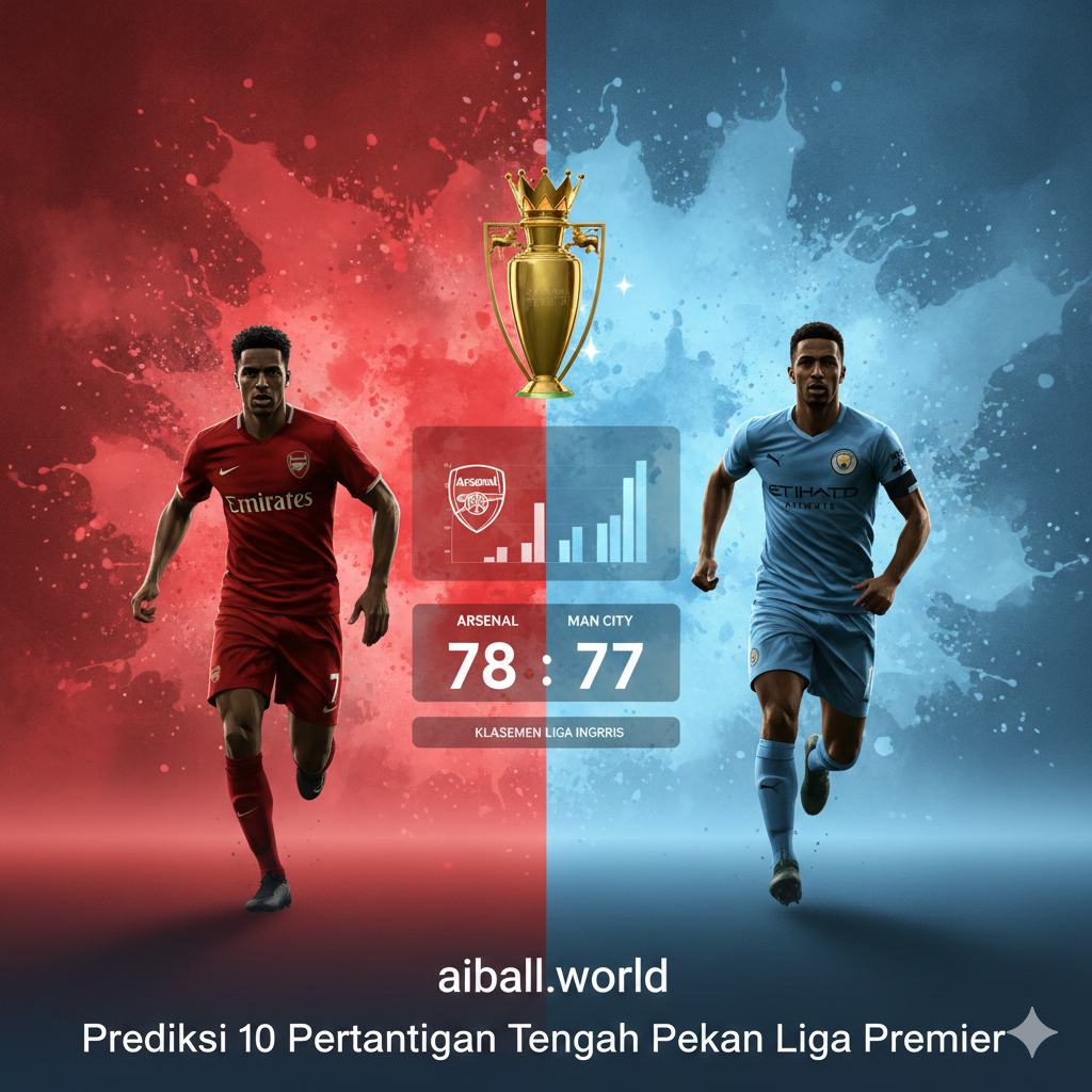 Ilustrasi persaingan perebutan gelar juara Premier League yang menampilkan siluet dua pemain sepak bola yang sedang berlari menuju trofi emas di kejauhan. Latar belakangnya menggunakan teknik kolase digital yang menggabungkan elemen warna merah Arsenal dan biru langit Manchester City secara kontras. Terdapat elemen statistik seperti papan skor digital yang melayang dan grafik klasemen yang menunjukkan persaingan poin. Komposisi menggunakan sudut pandang rendah (low angle) untuk menciptakan kesan heroik dan intensitas persaingan di papan atas.