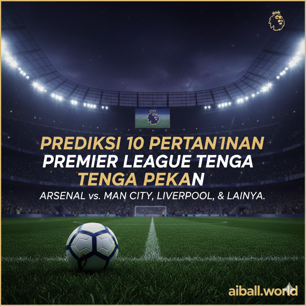 Sebuah komposisi sinematik yang menampilkan elemen-elemen ikonik Premier League untuk situs aiball.world. Gambar ini menunjukkan stadion sepak bola modern yang megah di malam hari dengan lampu sorot yang terang, menciptakan atmosfer pertandingan tengah minggu yang dramatis. Di latar depan, terdapat bola sepak resmi Premier League yang elegan di atas rumput hijau yang sangat detail. Skema warna didominasi oleh biru tua, ungu, dan emas untuk memberikan kesan premium dan profesional, dengan tipografi dinamis yang menyiratkan energi pertandingan besar antara klub papan atas seperti Arsenal, Man City, dan Liverpool.