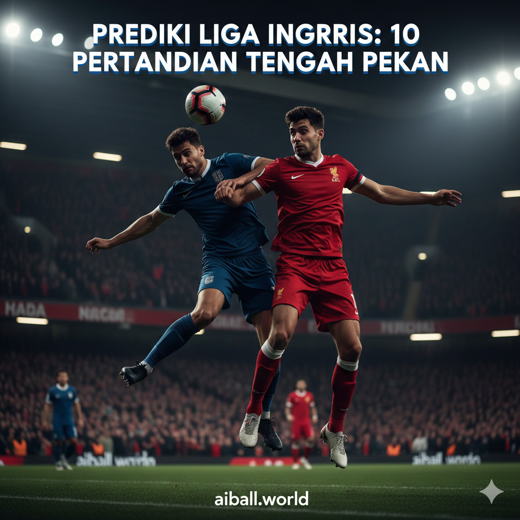 Gambar aksi sepak bola yang penuh energi dan fokus pada kompetisi intens di lapangan. Menampilkan dua pemain sepak bola (tanpa wajah spesifik untuk menghindari masalah hak cipta) yang sedang berebut bola dalam aksi tekel atau duel udara yang dramatis. Latar belakangnya adalah tribun penonton yang penuh sesak namun sedikit blur (bokeh) untuk menciptakan kedalaman ruang. Pencahayaan menggunakan gaya 'stadium lighting' yang tajam dengan kontras tinggi, menggunakan palet warna merah dan biru yang merepresentasikan rivalitas klub besar Inggris. Komposisi menggunakan aturan sepertiga (rule of thirds) untuk menonjolkan dinamisme gerakan atletis.